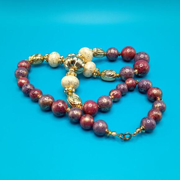 Vintage Chunky Art Beaded Necklace, Gold White Purple Beads, 24 Inches - Picture 11 of 12